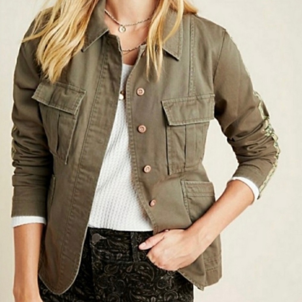 Anthropologie Stitch’s Army Green Cotton Coat with Camo Detail Size Medium